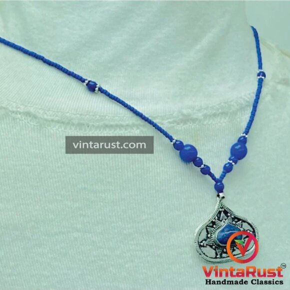 Handmade Minimalist Lapis Necklace, Beaded Chain Necklace, Handcrafted Gemstone - Picture 8 of 11